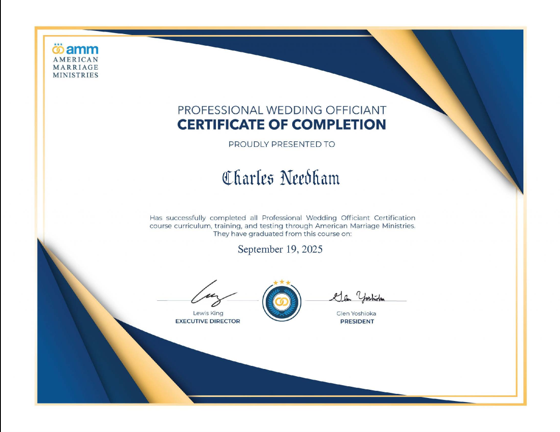 Professional wedding officiant training certificate of completion
