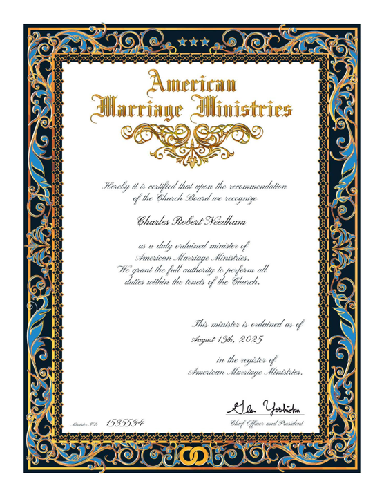 AMM ordination certificate for Dr. Charles R. Needham